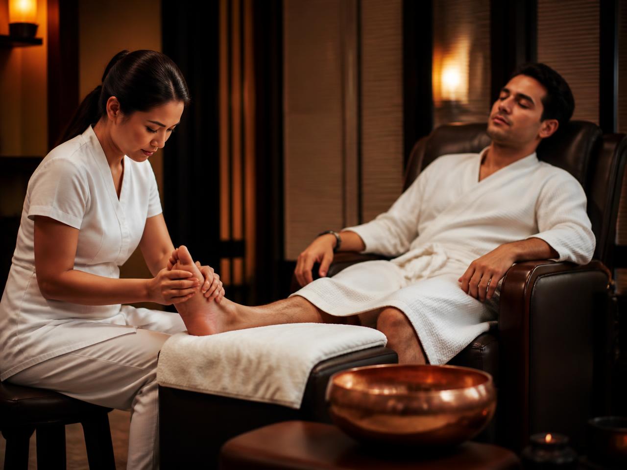 Foot reflexology treatment in a warm-lit spa lounge