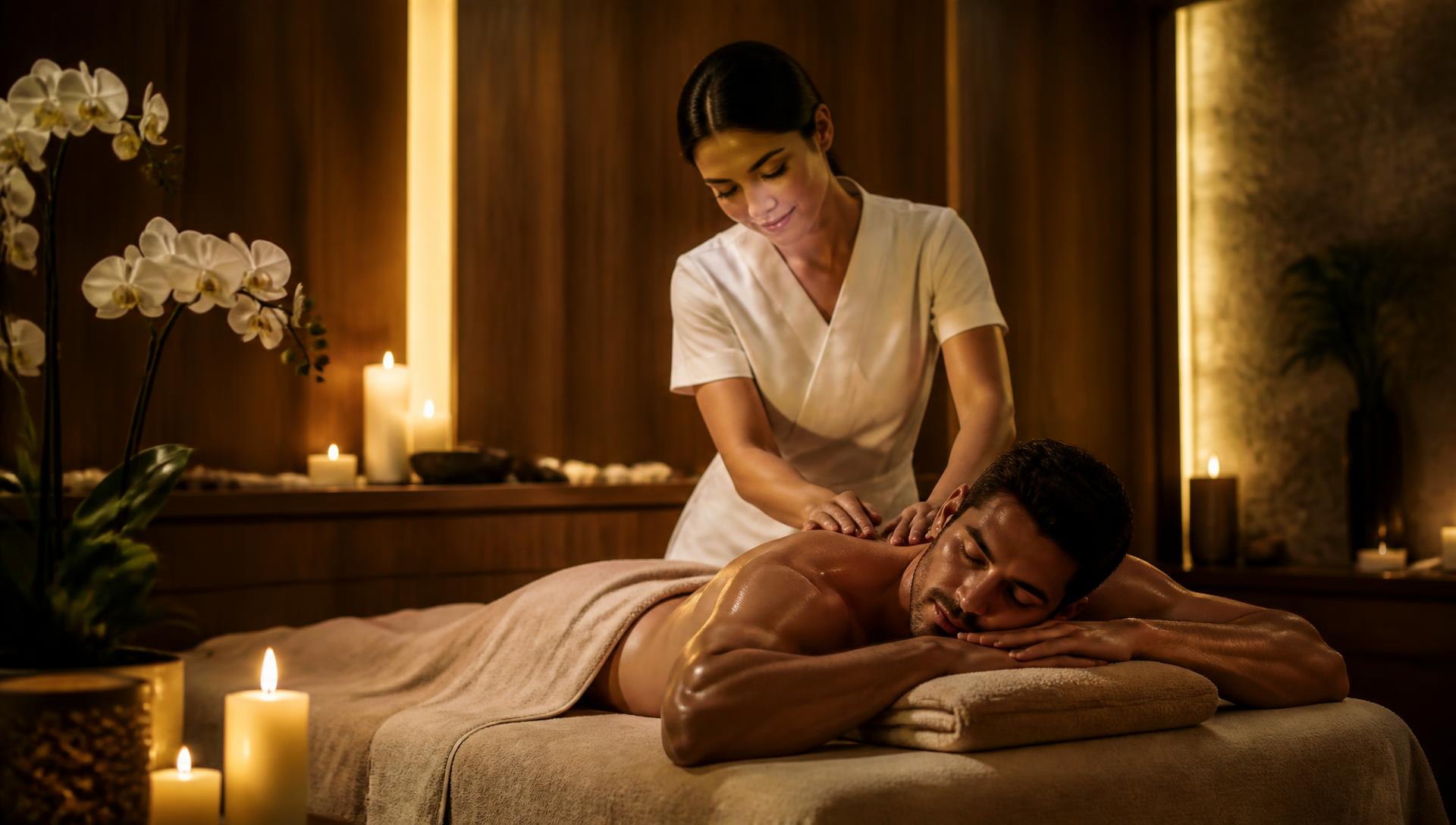Female therapist giving a relaxing massage to a male client in a luxury spa room