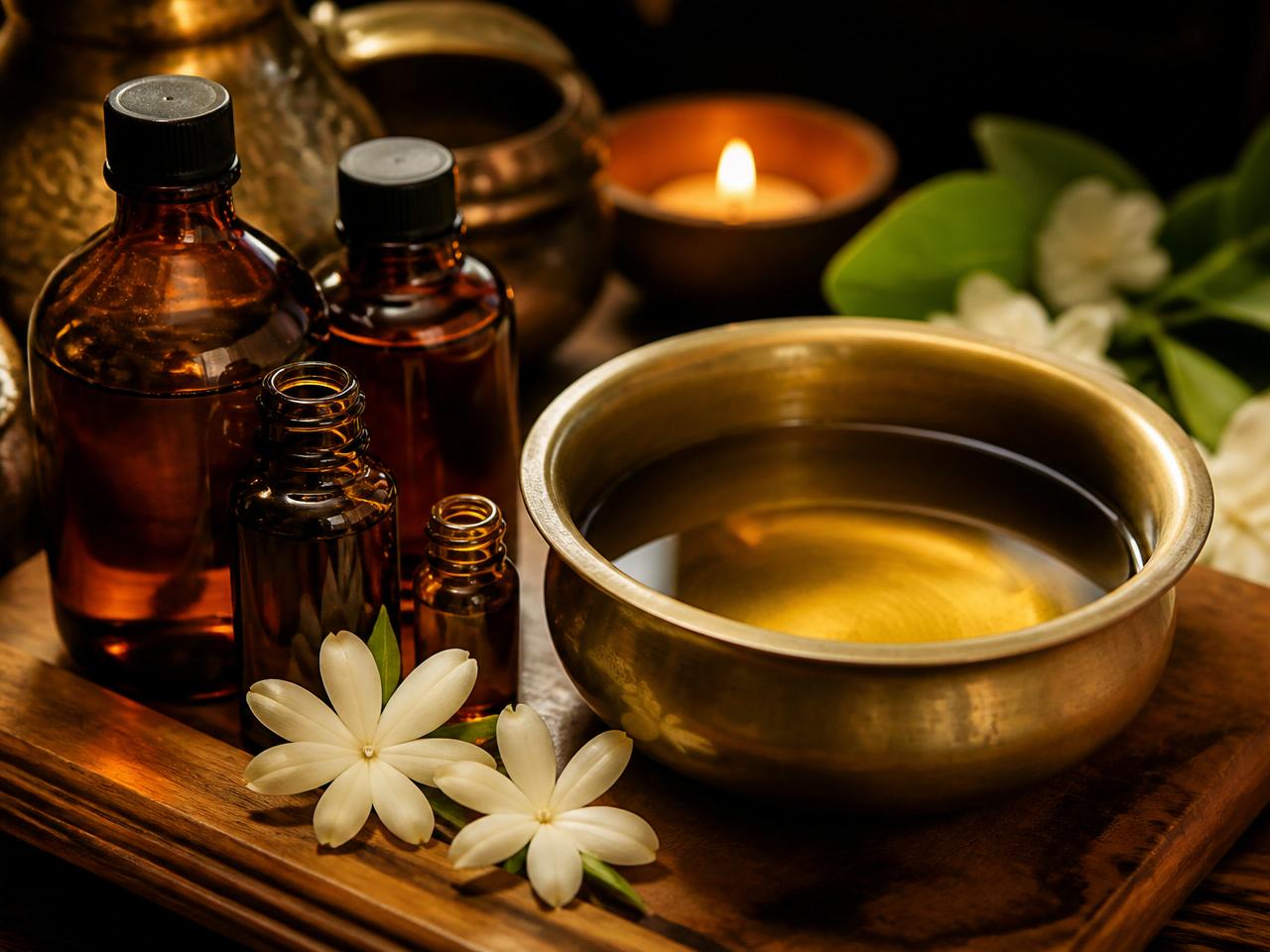 Premium essential oils and warm herbal oil on a wooden tray
