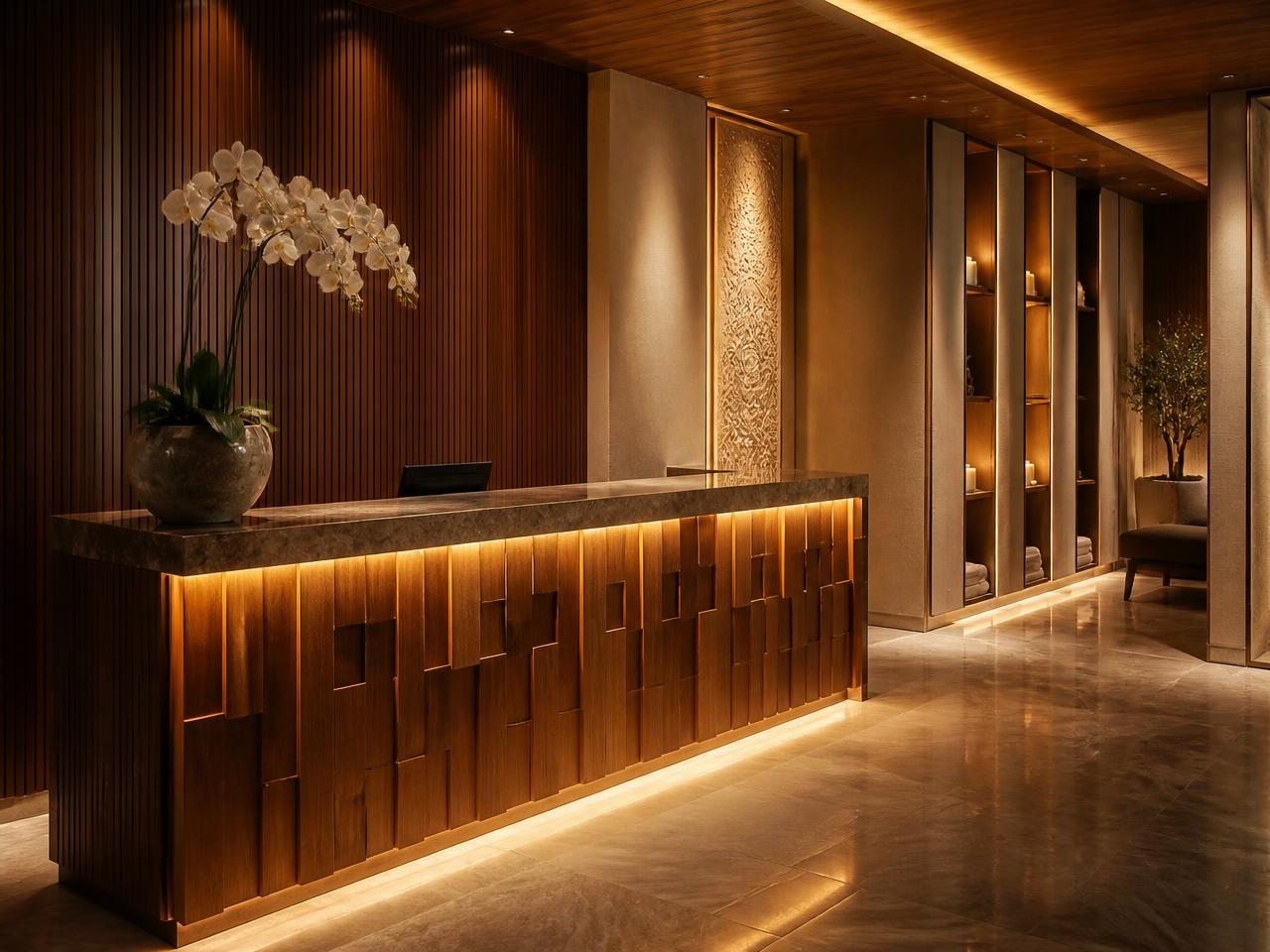 Elegant spa reception area with warm lighting and orchids