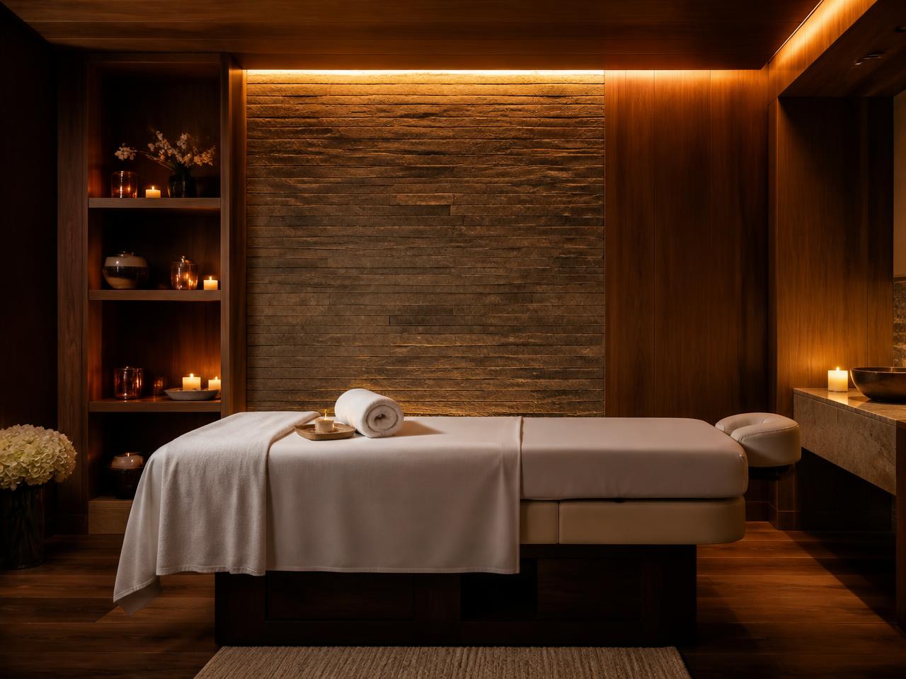 Private therapy room with a freshly prepared massage table